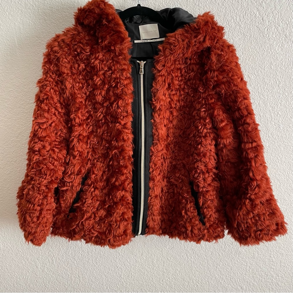 Tensione In Burnt Orange Faux Fur Teddy Jacket Hoodie Made in Italy